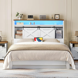 Queen Size Headboard with Storage, LED Lights & Charging Station