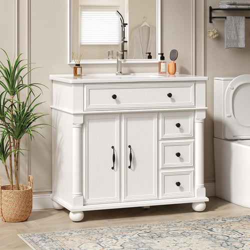 36" Farmhouse Bathroom Vanity with Integrated Ceramic Sink & Soft-Close Storage