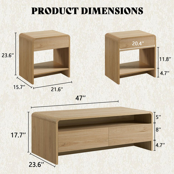 3-Piece Coffee Table & End Table Set with Storage