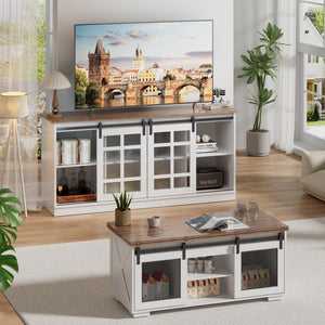 Farmhouse TV Stand with Sliding Glass Doors & LED Lights, 65"