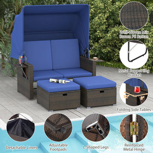 Outdoor Rattan Daybed with Retractable Canopy & Adjustable Backrests