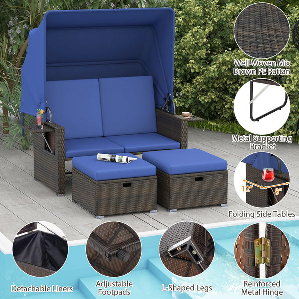 Outdoor Rattan Daybed with Retractable Canopy & Adjustable Backrests