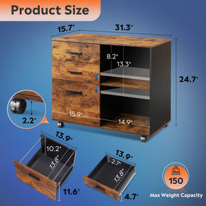 3-Drawer Mobile File Cabinet with Open Shelves