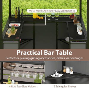 Outdoor Grill Gazebo Bar Set with Awning & 2 Foldable Bar Stools