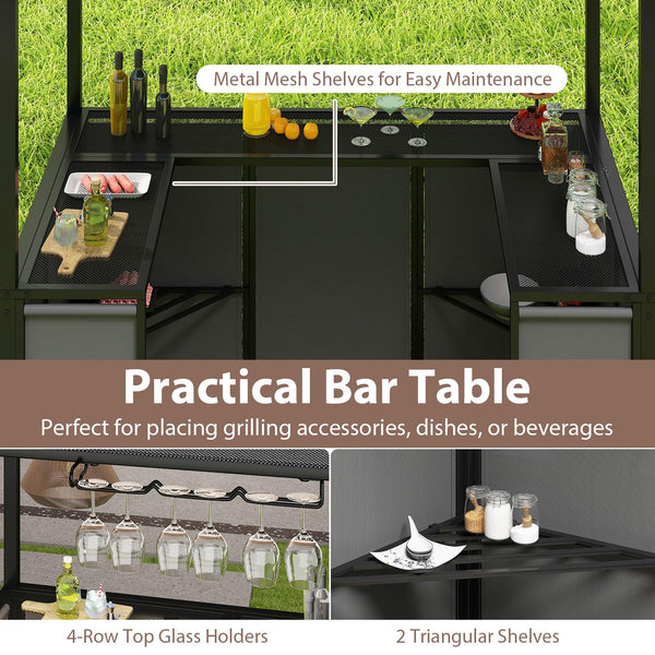 Outdoor Grill Gazebo Bar Set with Awning & 2 Foldable Bar Stools
