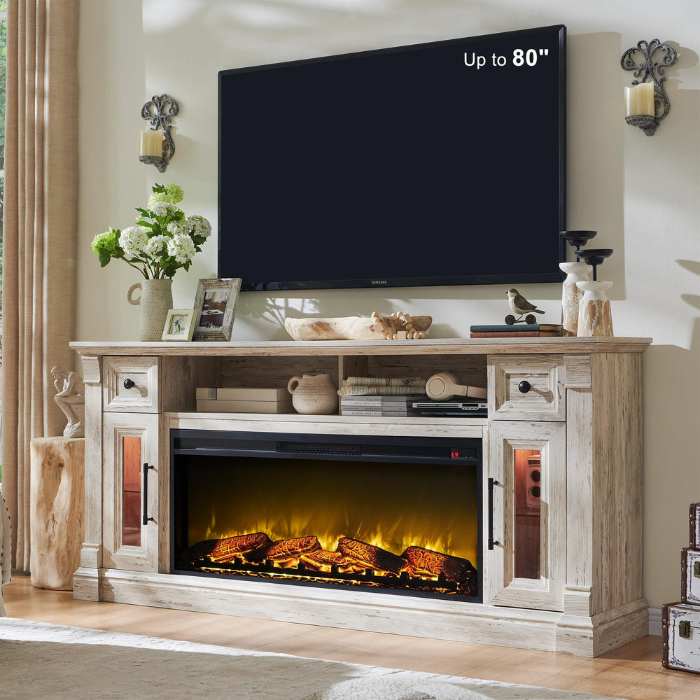 Farmhouse Fireplace TV Stand with 42" Electric Fireplace – 70" Wide, Fits TVs Up to 80"