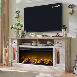 Farmhouse Fireplace TV Stand with 42" Electric Fireplace – 70" Wide, Fits TVs Up to 80"
