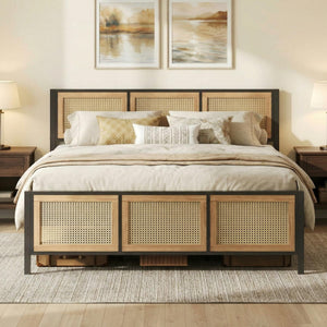 Rattan Headboard Platform Bed Frame