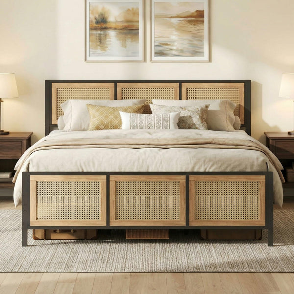 Rattan Headboard Platform Bed Frame