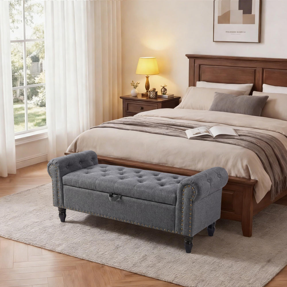 51" Upholstered Storage Bench | Button Tufted End of Bed Ottoman with Safety Hinge
