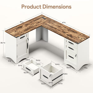 L-Shaped Farmhouse Executive Desk with Drawers & Charging Station