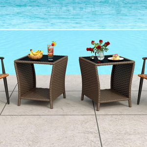 Outdoor Wicker Side Table Set of 2 with Tempered Glass Top & Storage Shelf