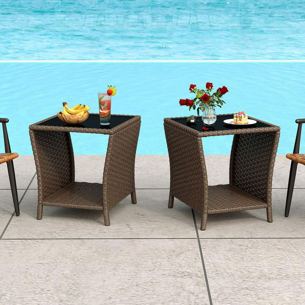 Outdoor Wicker Side Table Set of 2 with Tempered Glass Top & Storage Shelf