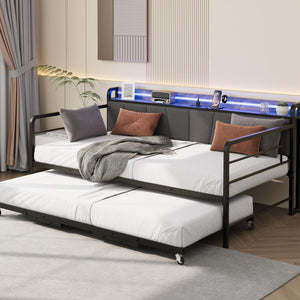 Twin Daybed with Pop-Up Trundle, RGB LED & Storage Headboard