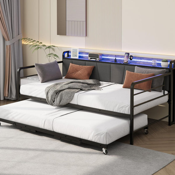 Twin Daybed with Pop-Up Trundle, RGB LED & Storage Headboard