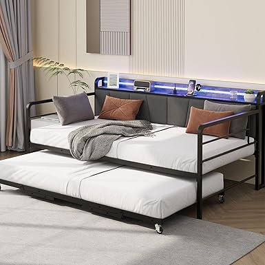 Twin Daybed with Pop-Up Trundle, RGB LED & Charging Station