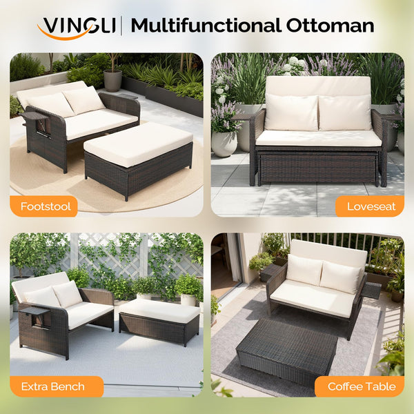 Convertible Patio Daybed with Storage Ottoman & Adjustable Backrest