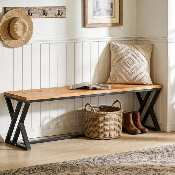 55" Solid Wood Entryway Bench with Metal Legs