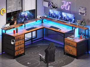 L-Shaped Desk with 6 Drawers, Monitor Shelf, Power Outlets & LED Lights
