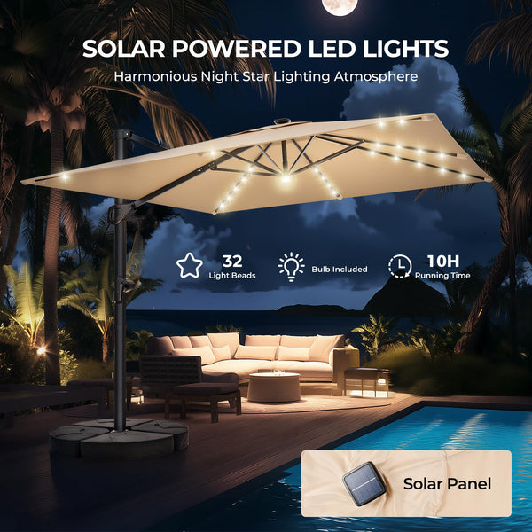 10 ft Square Cantilever Patio Umbrella with Solar Lights & Base