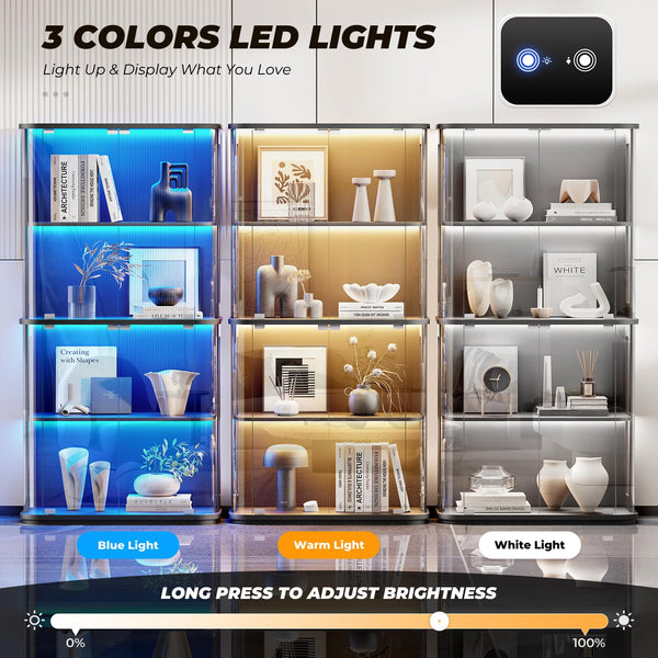 4-Tier Glass Display Cabinet with LED Lights & Motion Sensor