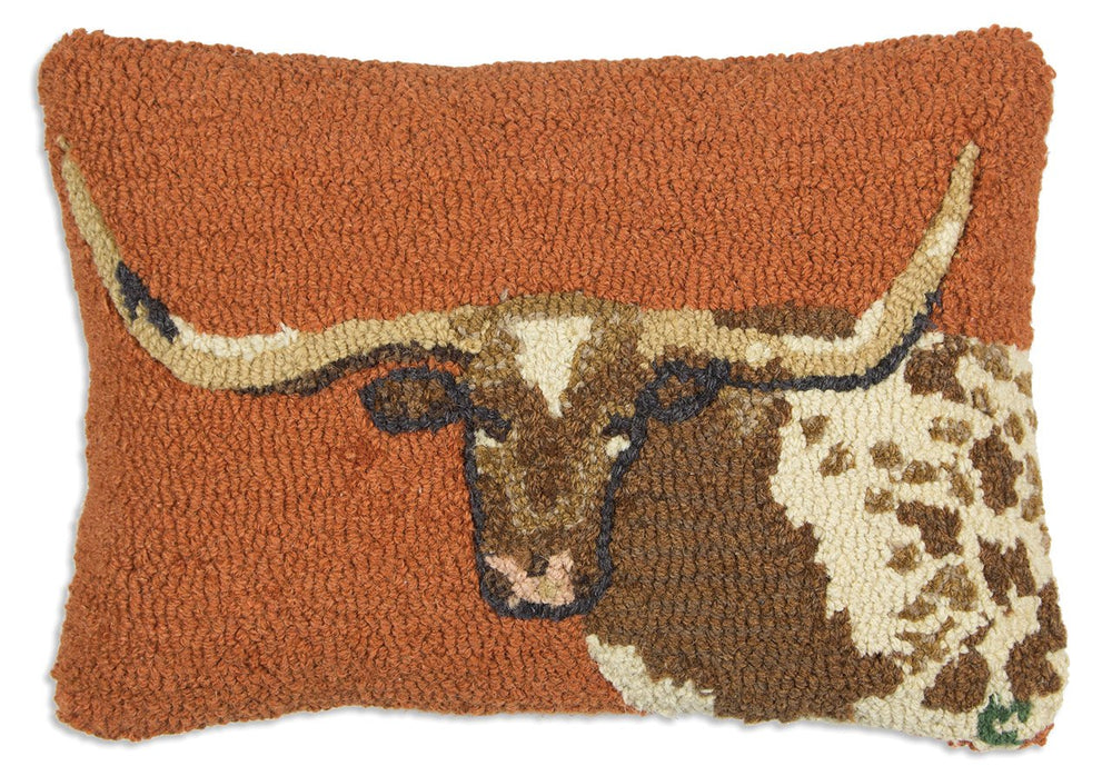 Hand-Hooked Wool Longhorn Steer Throw Pillow 14x20 – Burnt Orange