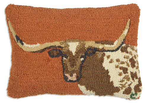 Hand-Hooked Wool Longhorn Steer Throw Pillow 14x20 – Burnt Orange