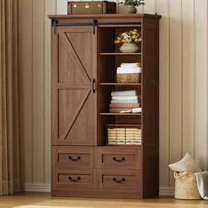 Sliding Barn Door Wardrobe with 4 Drawers & Hanging Rod — 71" Tall Bedroom Armoire
