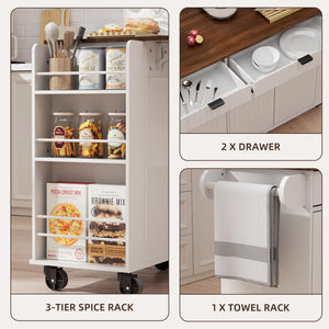 Rolling Kitchen Island with Wavy Door & Drop-Leaf Countertop