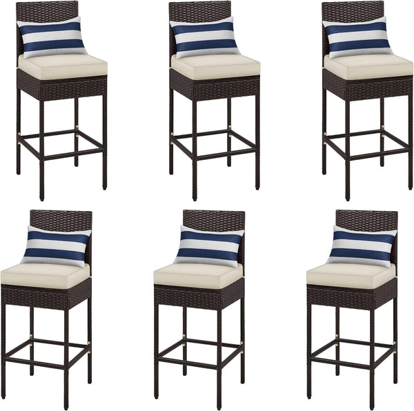 Outdoor PE Rattan Bar Stools with Cushions & Footrests