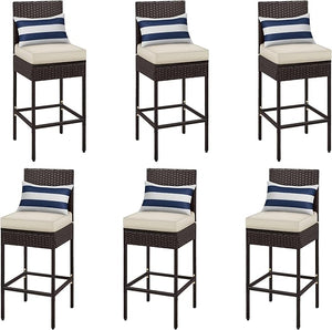 Outdoor PE Rattan Bar Stools with Cushions & Footrests – Brown/Beige