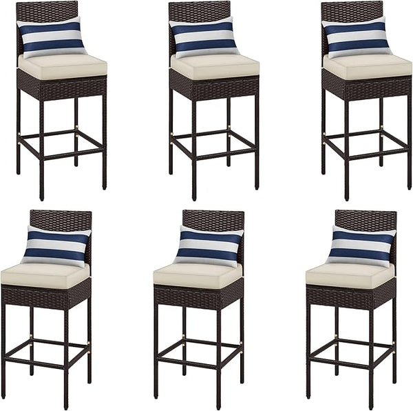Outdoor PE Rattan Bar Stools with Cushions & Footrests – Brown/Beige