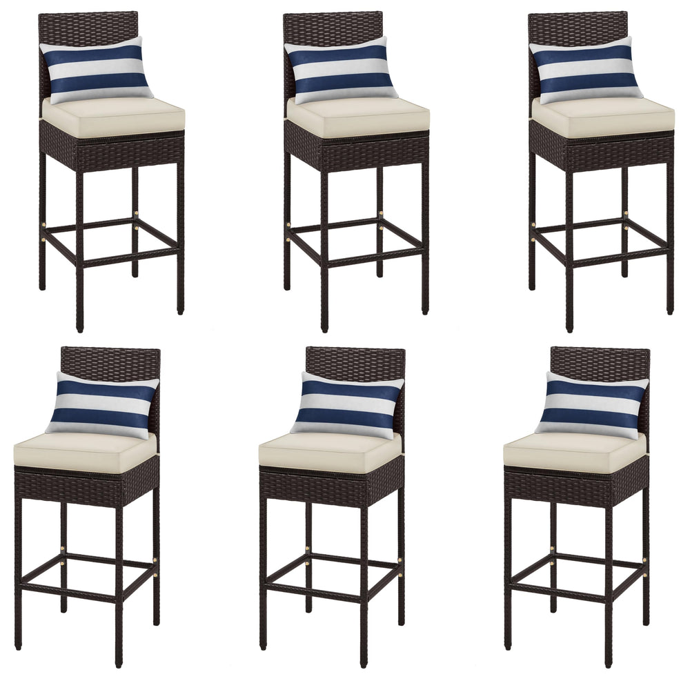 Outdoor PE Rattan Bar Stools with Cushions & Footrests