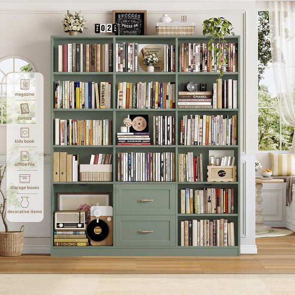 71" Tall Triple Wide Bookshelf with Doors & Drawers