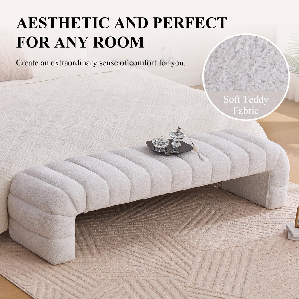 NIOIIKIT 69.7" Ottoman Bench, Teddy Upholstered Queen Size End of Bed Bench, Channel Tufted Entryway Bench with Cushion, Long Bedroom Bench, Window Bench Seat for Entryway, Living Room (Ivory)