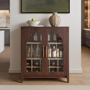 Wine Bar Cabinet with Glass Doors, Wine & Glass Rack, Mid-Century Modern Sideboard