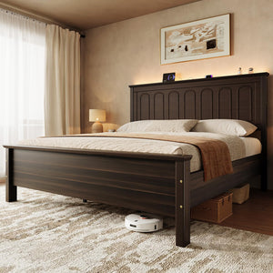 Queen Bed Frame with Headboard, LED Lights & Charging Ports