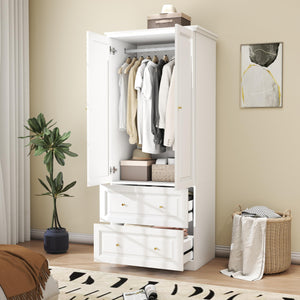 White Wardrobe Closet with 2 Drawers & Hanging Rod