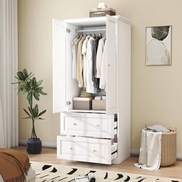 White Wardrobe Closet with 2 Drawers & Hanging Rod