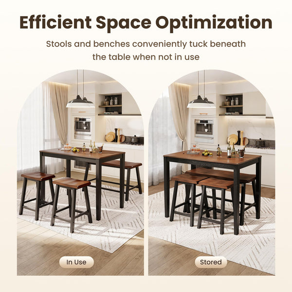 Counter Height Dining Table Set for 4 with Bench – Solid Wood Farmhouse Kitchen Table