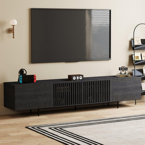 94" Mid-Century Modern Black TV Stand with Wood Slatted Doors & Metal Base