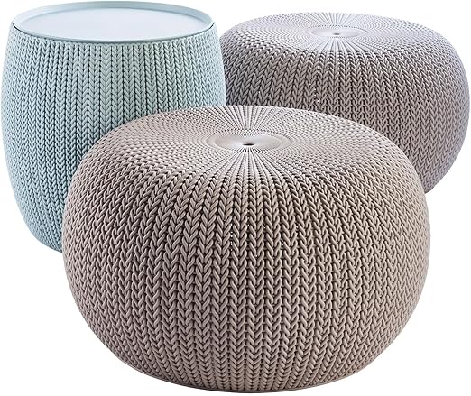 Outdoor Resin Pouf Ottoman Set with Storage Table – 3 Piece