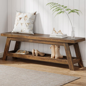 55" Wood Entryway Bench with Shoe Storage & Open Shelves