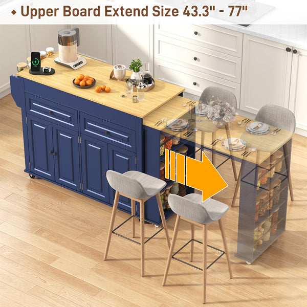 Extendable Kitchen Island Cart with Dining Table & Power Outlet