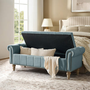 HULALA HOME Farmhouse Upholstered Storage Bench, End of Bed Bench with Vintage Button Tufted Design(Blue)