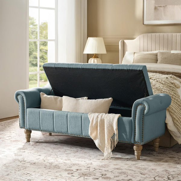 HULALA HOME Farmhouse Upholstered Storage Bench, End of Bed Bench with Vintage Button Tufted Design(Blue)