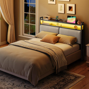 Queen Upholstered Storage Headboard with LED Lights & Charging Station