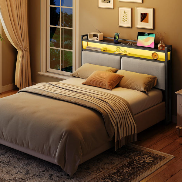 Queen Upholstered Storage Headboard with LED Lights & Charging Station