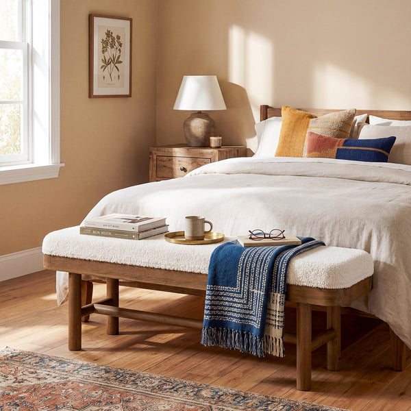 55" Upholstered Bedroom Bench with Faux Shearling Cushion