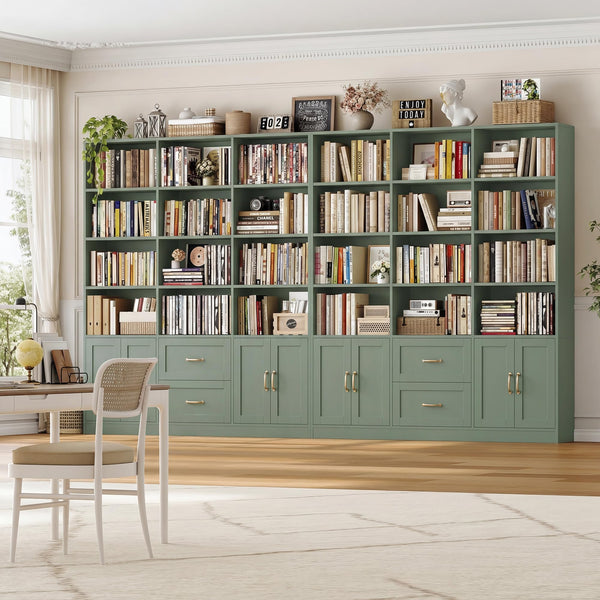 71" Tall Triple Wide Bookshelf with Doors & Drawers